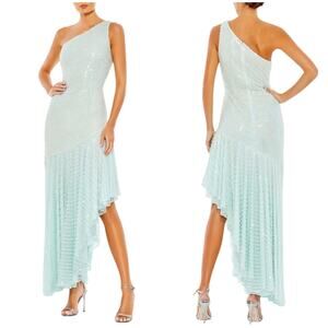 Mac Duggal NWT Blue One Shoulder Asymmetrical Hem Dress Seafoam Size 14 Pearls